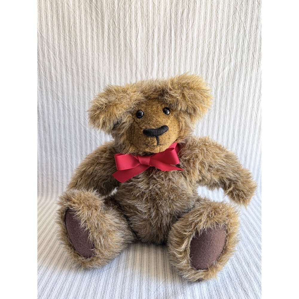 Handmade by Linda Fully Jointed Mohair Teddy Bear Brown Shaggy Plush Red Bow